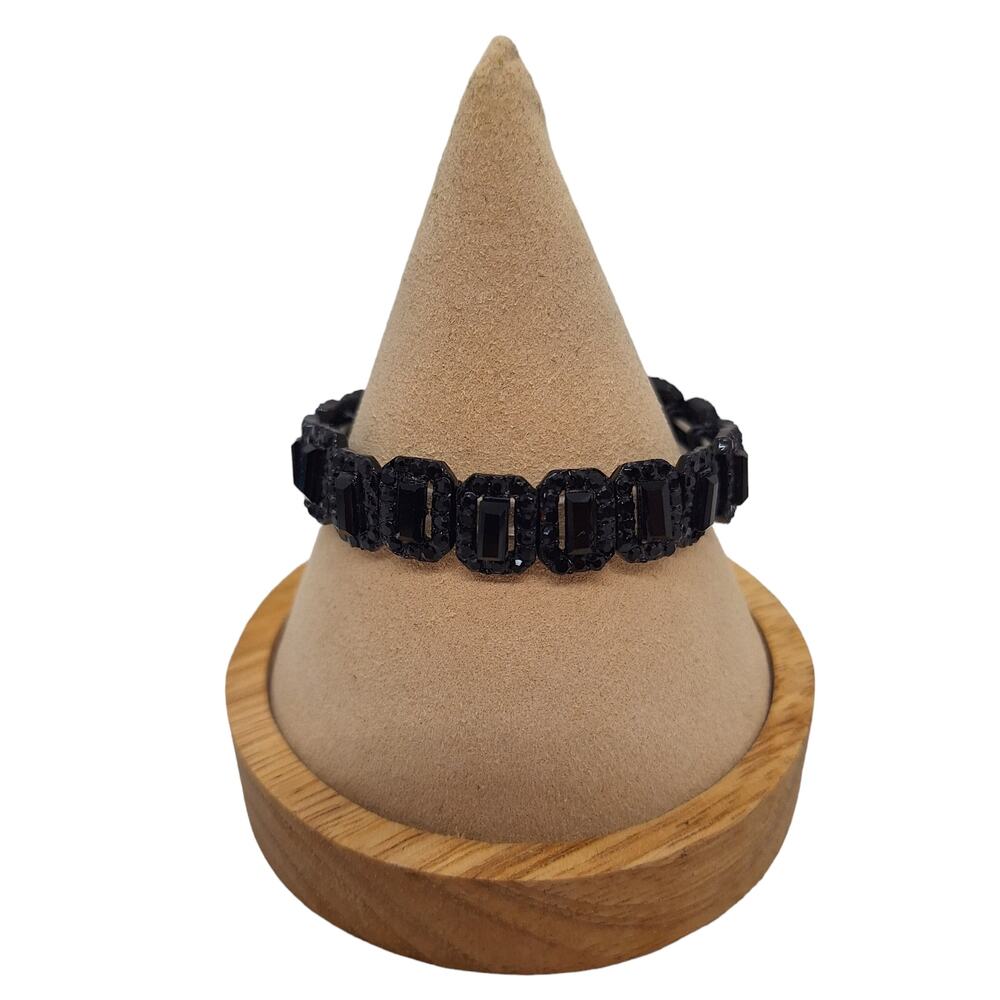 Statement Stretch Bracelet Black Rhinestones Black Metal